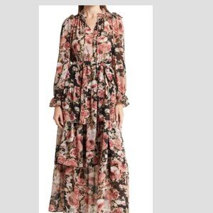 Beautiful Pink and Black Floral Dress Tiered Bottom  Size Medium Long Sleeve